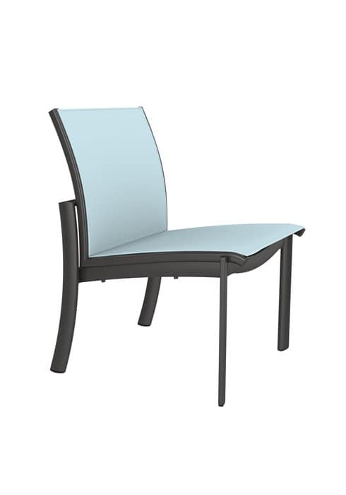 Modern outdoor chair with light blue fabric.