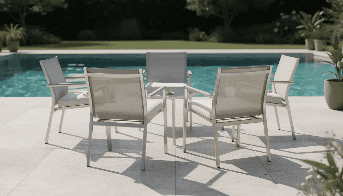 The image features clean and well-maintained aluminum patio chairs, arranged neatly around a pool deck, showcasing a modern outdoor furniture setup. The sleek design of these sling chairs, made with durable outdoor fabric, complements the inviting atmosphere of the patio garden.